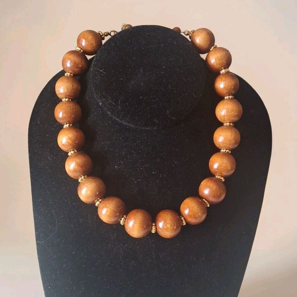 Vtg Wooden Bead Chocker W/ Gold  Filigree Spacers, Polished
